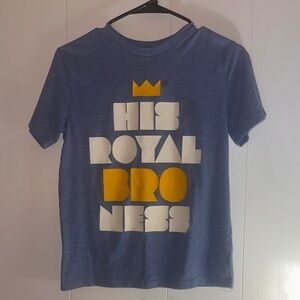 Place Blue Tee with Bold Yellow and White Print, Large 10-12: His Royal Bro Ness